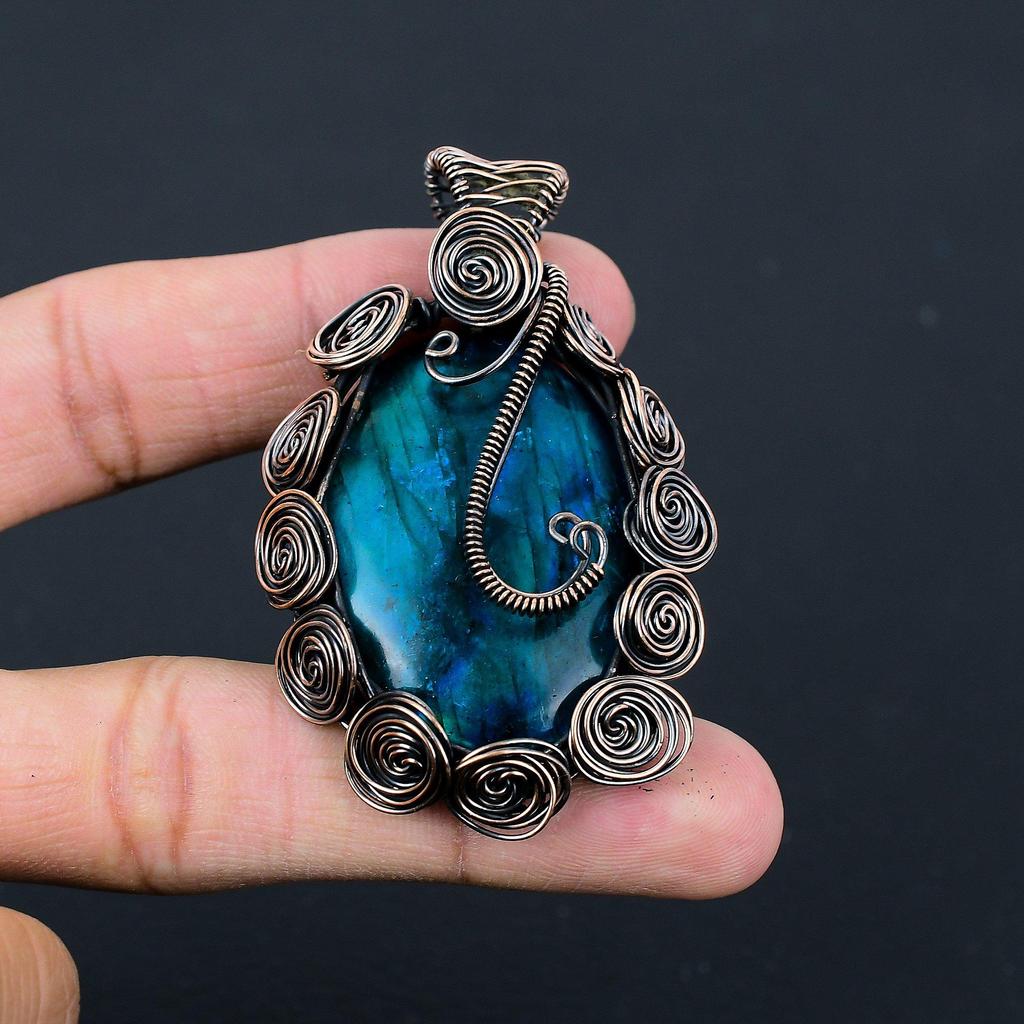 Синий вспышка лабрадорит драгоценный камень медная проволока обертывание ручной работы дизайнер кулон ювелирные изделия подарок