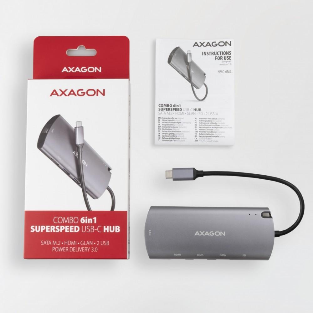 Хаб HMC-6M2 USB-C 3.2 Gen 1 хаб w. M.2 SATA + HDMI + GLAN + 2x USB-A + PD 100 Вт