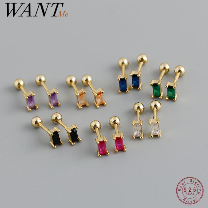 WANTME 925 Silver Colorful Square Shiny Zircon Beads Piercing Stud Earrings for Women Fashion Gothic Exquisite Jewelry