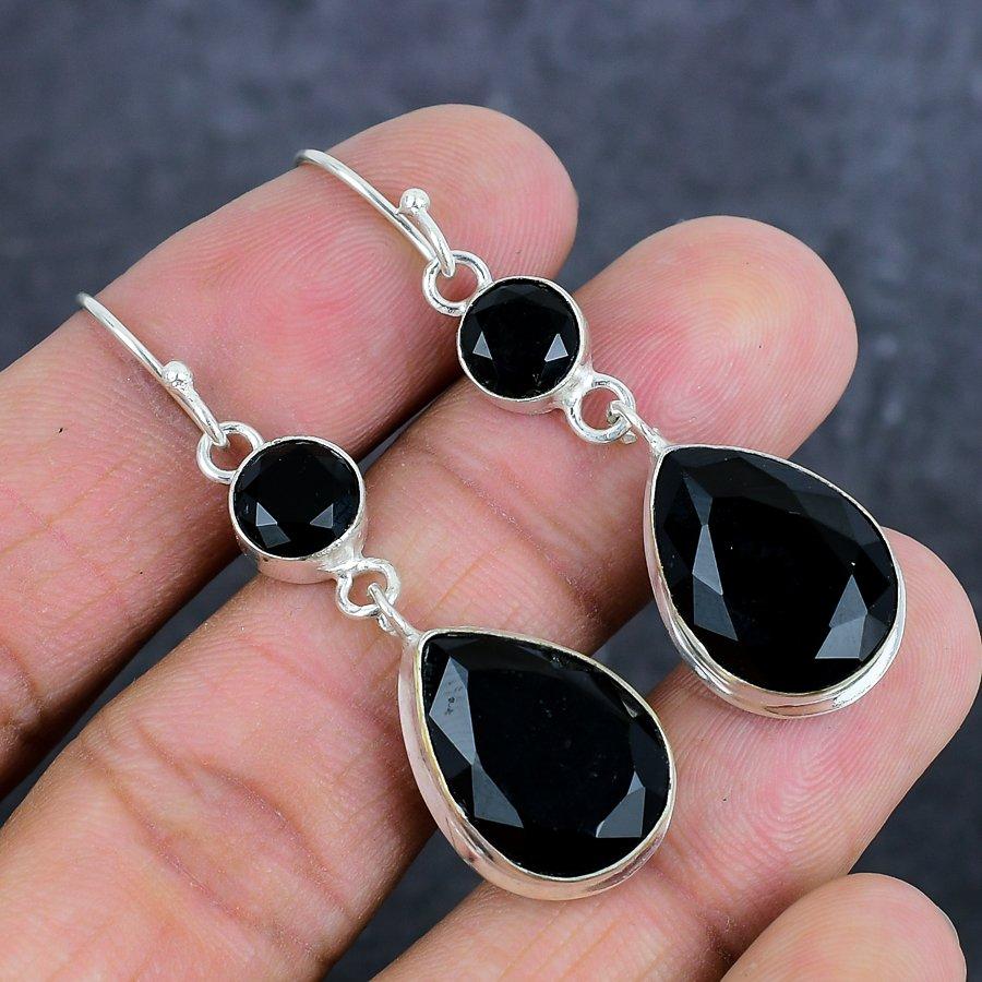 Black Spinel Gemstone 925 Sterling Silver Jewelry Earring 2.17"