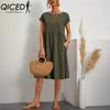 Женская мода лето весна однотонный принт О-образный вырез высокая талия повседневные платья