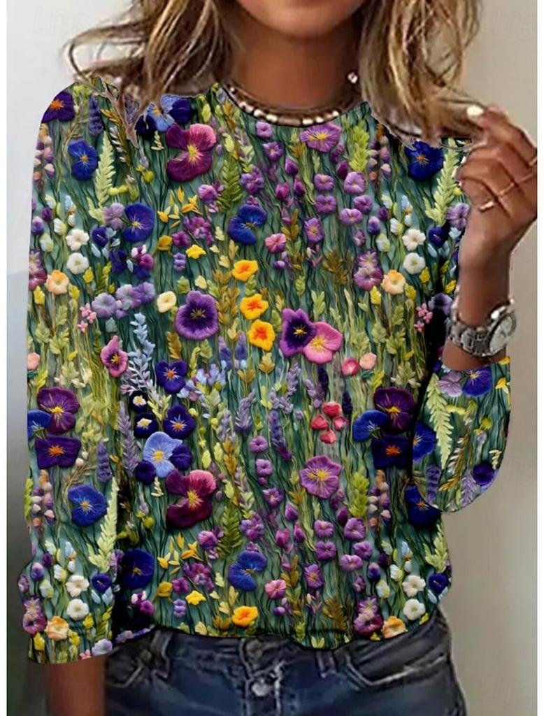 Модная женская футболка с круглым вырезом и длинным рукавом с винтажным цветочным принтом, повседневные топы, женская одежда, женская одежда в стиле Харадзюку, пуловер
