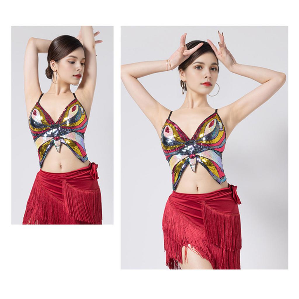 Женский костюм для танца живота, укороченный топ с открытой спиной, без рукавов, с пайетками, костюм для латинских танцев, бандажный жилет с регулируемыми резинками, праздничный топ