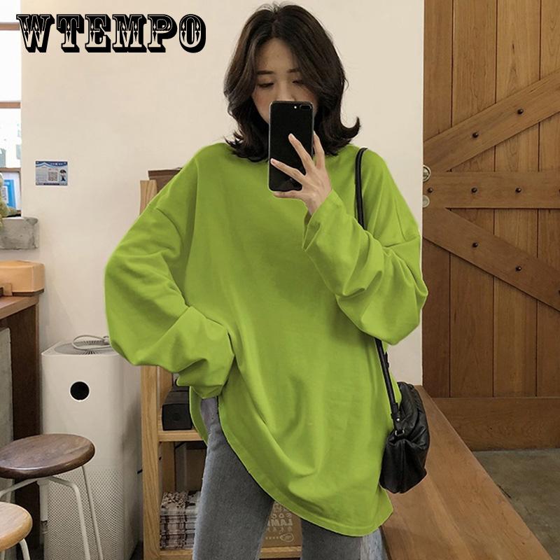 Spring Autumn Solid Simple Oversized Tshirt Harajuku Long T Shirt Women Kawaii T-shirts Women 90s White Yellow Long Sleeve Tops