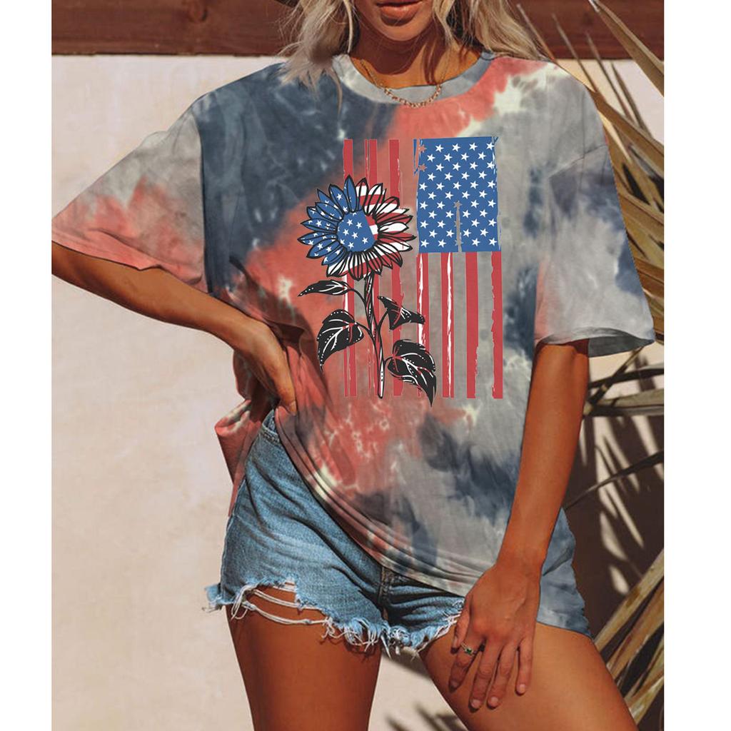 Летняя женская футболка с цветочным принтом Tie Dyeing, модные топы с американским флагом, футболки, женская винтажная одежда с коротким рукавом, стильная уличная одежда