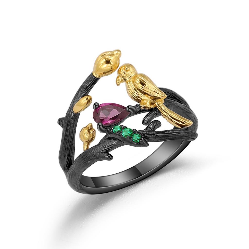 Italian Craft Designer Retro Style Ring Natural Style Bird Design S925 Silver Natural Rose Pomegranate Ring