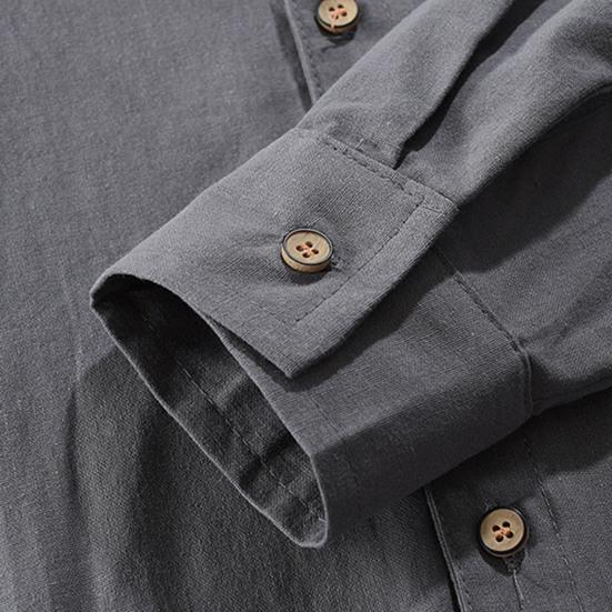 Мужская льняная рубашка, повседневная, с длинным рукавом, на пуговицах, однотонная, мужская, пляжная, с воротником-стойкой, летняя рубашка