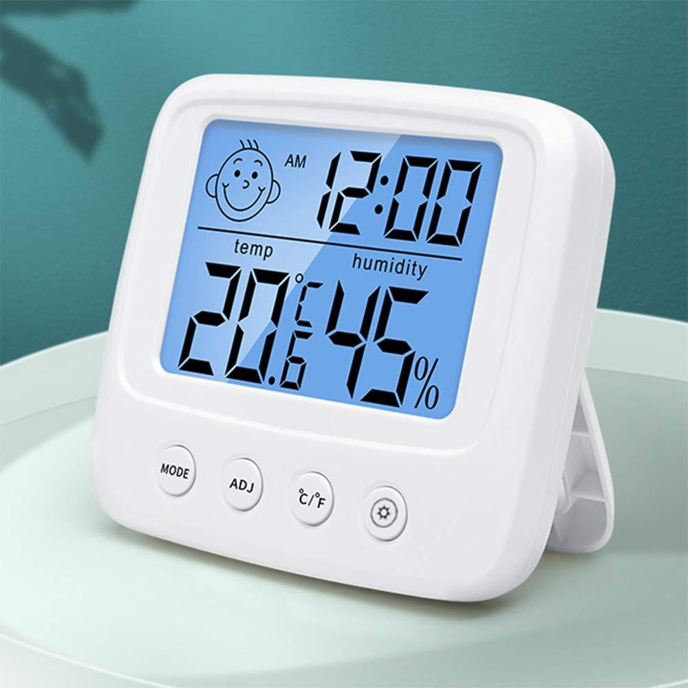 Indoor thermometer and hygrometer with clock, digital temperature and humidity monitor, backlit, Celsius/Fahrenheit display, battery powered.