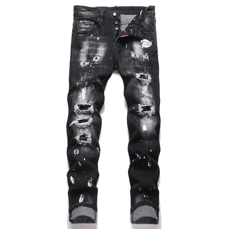 2025 Повседневные мужские узкие джинсы-ковбойки Черные потертые эластичные джинсовые скинни со средней посадкой D4068
