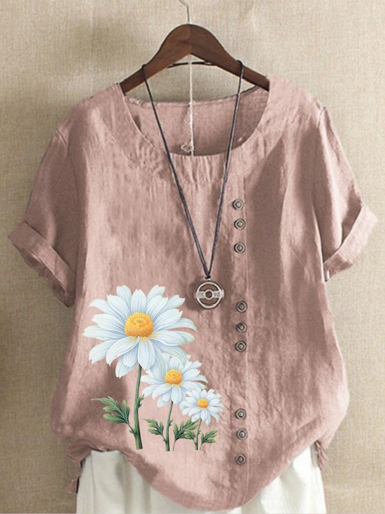 Women's Summer Round Neck Short Sleeve T-shirt Casual Cotton Linen Graphic Shirt Leisure Fashion Loose Daisy Prined Blouse Tops Plus Size
