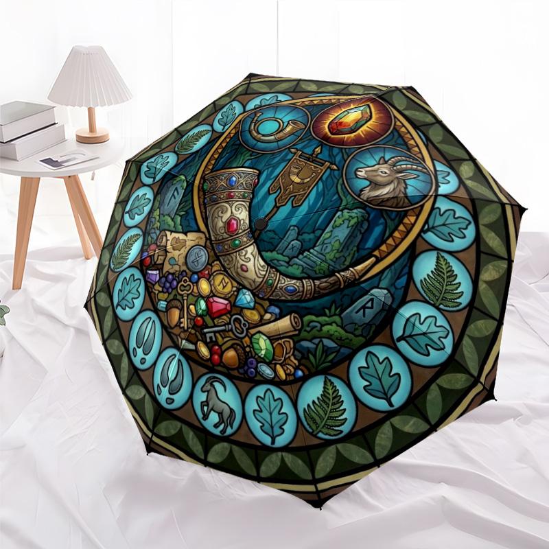 Forest Magic Symbols pattern umbrella, portable and foldable design, 8 ribs, a casual accessory for Halloween, Christmas, and birthday gifts.
