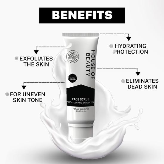 Скраб для лица HOUSE OF BEAUTY с койевой кислотой и экстрактом зеленого чая - удаляет омертвевшие клетки кожи и грязь, сужает открытые поры (30мл)