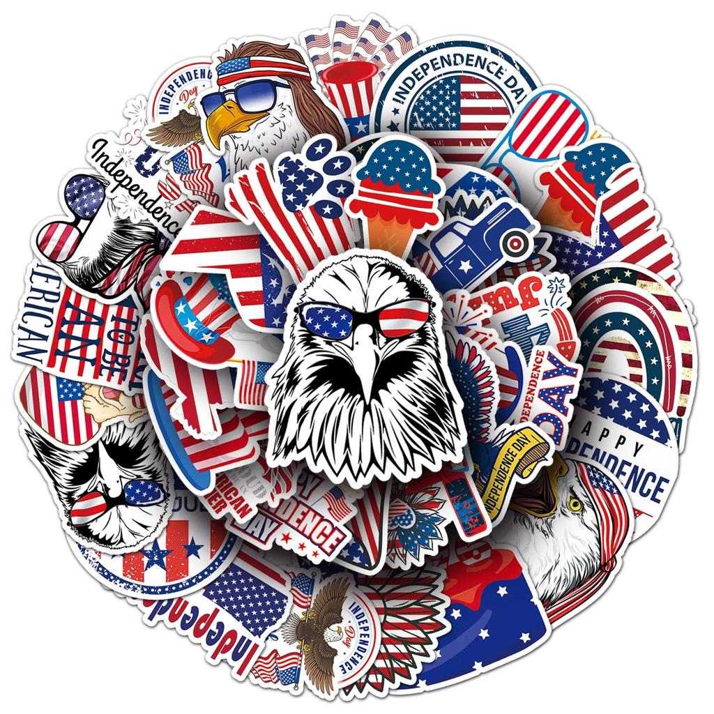 50 Pcs America Independence Day Waterproof Stickers Creative Graffiti Notebook Refrigerator Bicycle Decoration Sitcker Toys