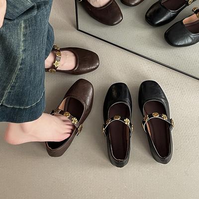 Одно слово с туфлями Мэри Джейн женская мода универсальные ретро с мелким вырезом лето 2025 новые квадратный носок балетки