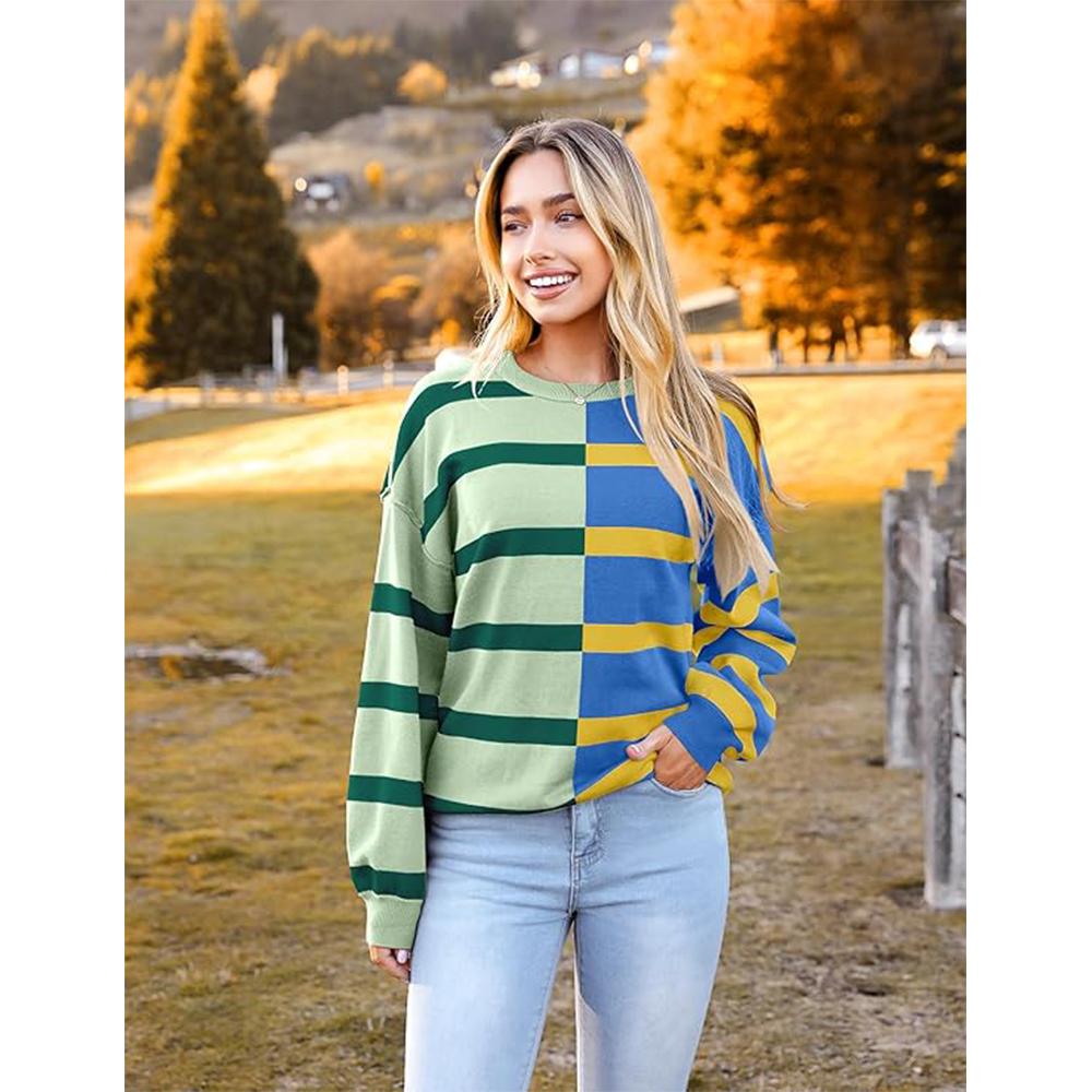 Женский полосатый свитер оверсайз 2025 с круглым вырезом и длинным рукавом, трикотажный свободный свитер с цветными блоками, повседневный топ