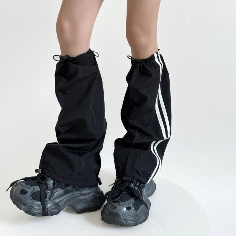 Fashion Drawstring Cargo Leg Warmers for Women Harajuku Side Double Striped Baggy Leg Covers Footless Socks Streetwear