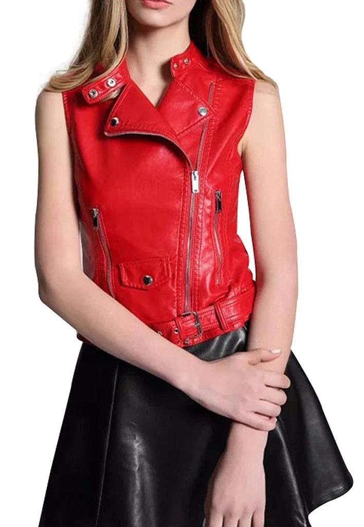 Red Zipper Waist Coat Women's Handmade Vest Coat Jacket Western Classic Lambskin Leather