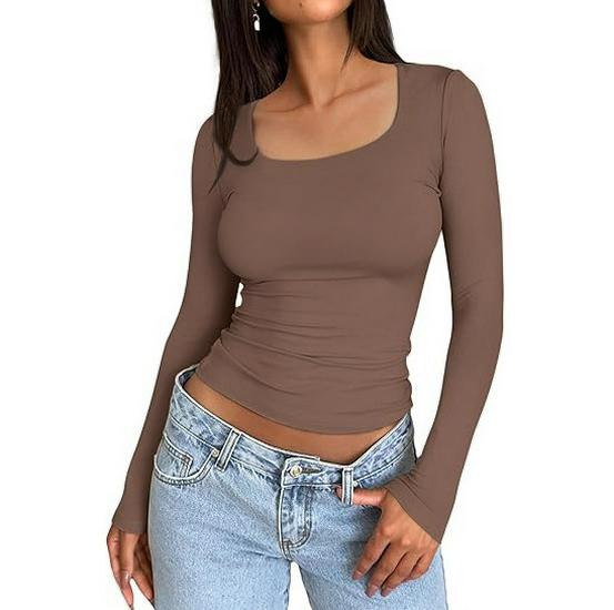 Женская однотонная приталенная футболка с длинными рукавами и квадратным воротником — европейский и американский стиль