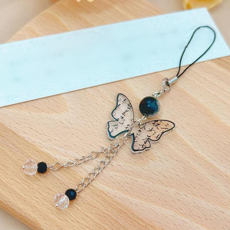 Chinese Style Ink Calligraphy Butterfly Fan Pendants Mobile Phone Chain Anti Lost Lanyard Vintage Keychain Bag Pendant Gifts