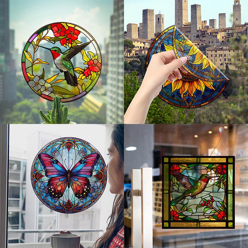 Retro Stained Hummingbird Butterfly Flower Film Window Glass Electrostatic Stickers Colorful