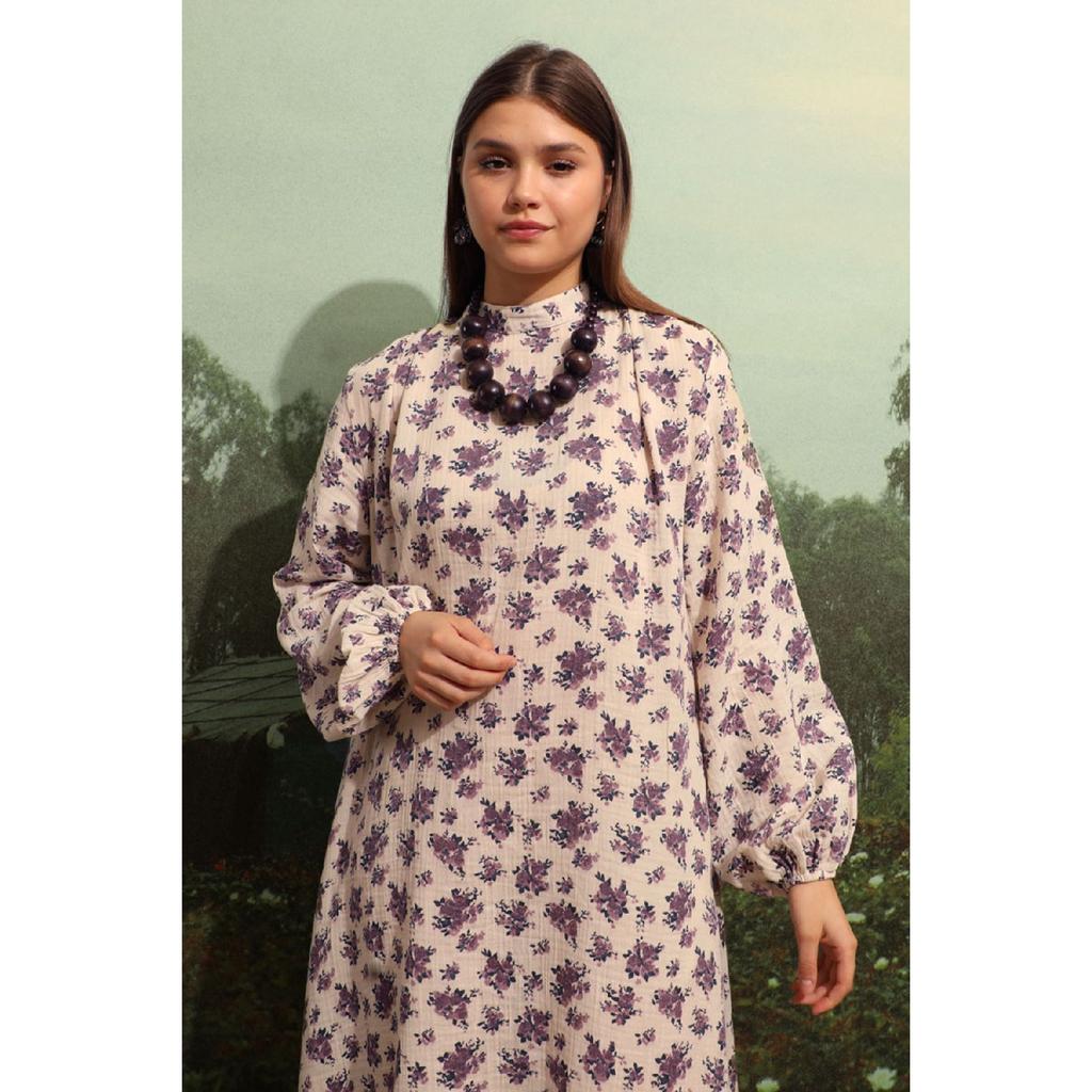 Floral Patterned Muslin Dress Black