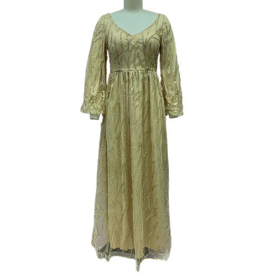 Женское вечернее платье с V-образным вырезом, рукавами-фонариками, блестящими пайетками, бисером, на подкладке, А-силуэта, длиной до пола, сетчатое двухслойное коктейльное вечернее платье, официальное выпускное платье