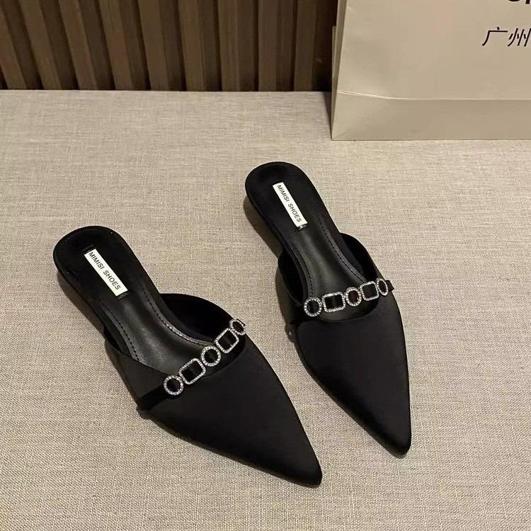 2025 New Luxury Rhinestones Ladies Heeled Slippers Sandals Shoes Female Low Heel Slides Slippers Shoes for Women Mules