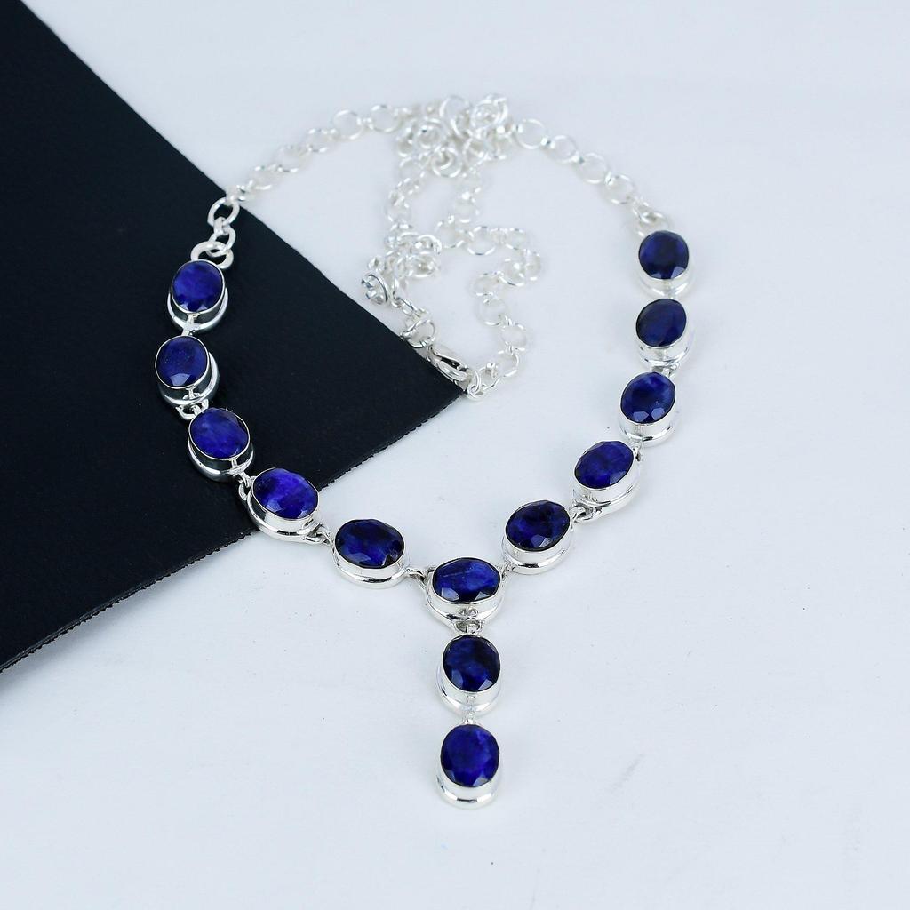 Красивое колье из серебра 925 пробы с синим сапфиром, серебряное колье с синим лабрадоритом для жены, унисекс, подарок