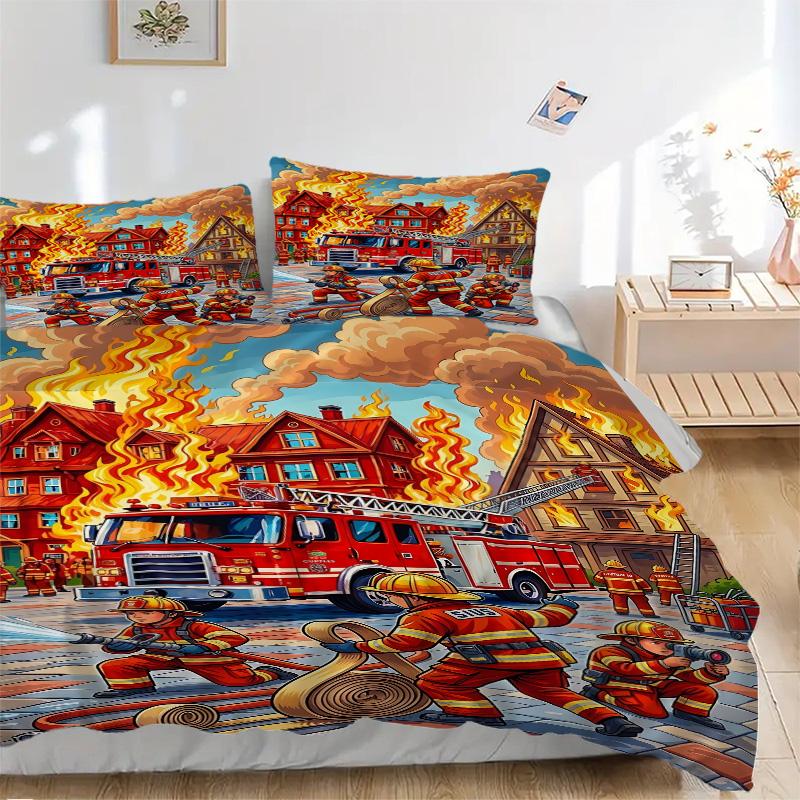 Firefighters Flames Town Print 3Pcs Bedding Setduvet Cover With 2 Bedropillowcase Home Birthday Gift
