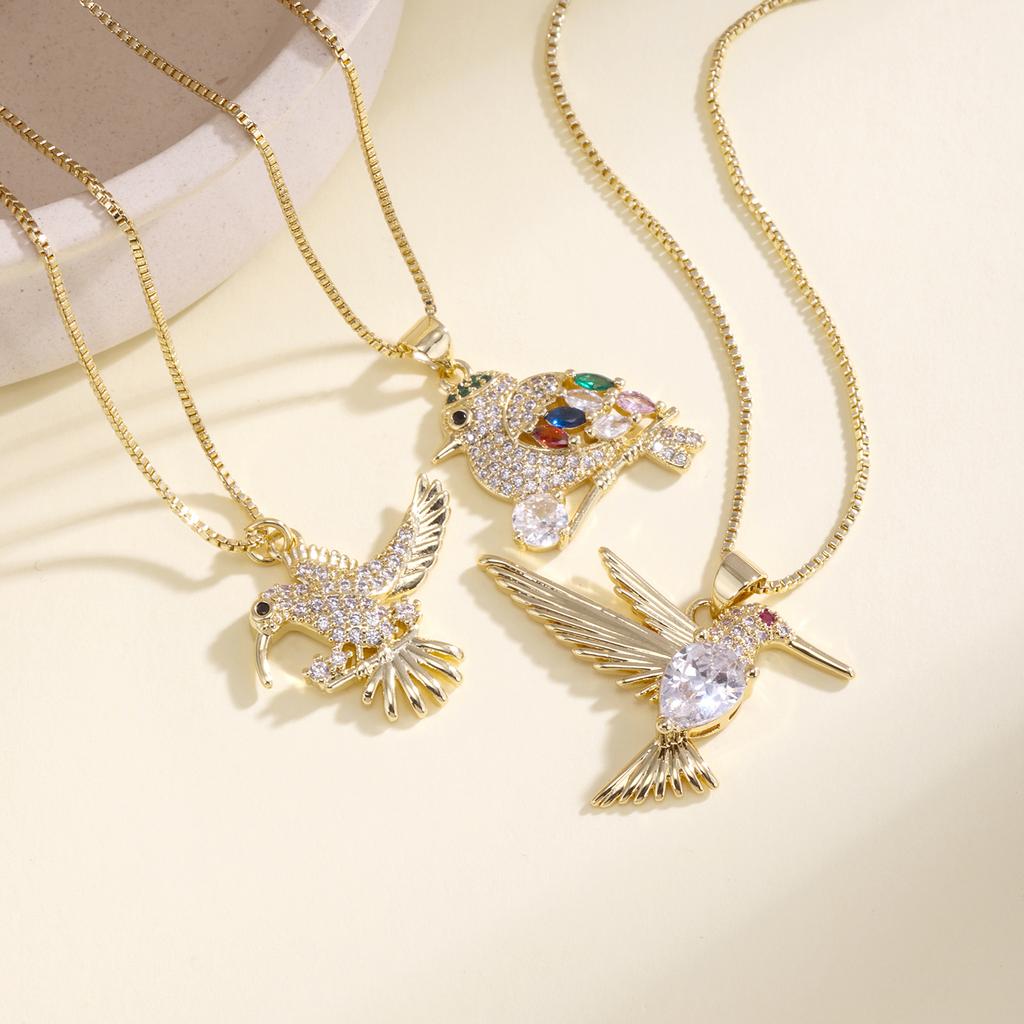 Nidin Shiny Cubic Zirconia Hummingbird Pendant Necklace Crystal Bird Neck Chain Cute Animal Jewelry For Women Party Wedding Gift