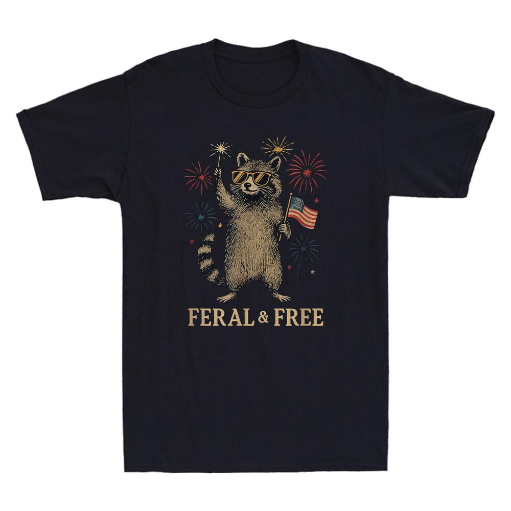 Feral & Free Funny Fireworks Raccoon Feral And Free 4th Of July Men's T-Shirt Unisex T-Shirt