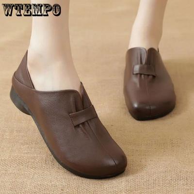 Кожаные туфли с круглым носком на плоской подошве, женские туфли-бобы из искусственной мягкой кожи, с открытым носком, простые повседневные туфли без шнуровки, весна-осень