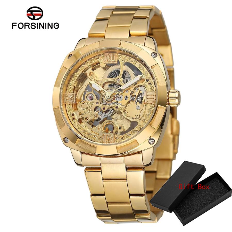 Fashion Top Forsing Brand Transparent Skeleton For Men Mechanical Automatic Man Watch Luxury Design Engraving Relogio Masculino