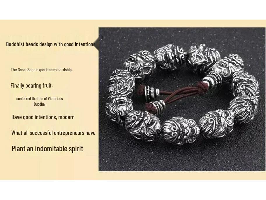 Black Myth Wukong Men's Retro Monkey Head Bracelet - Imitation Thai Silver Beaded Jewelry