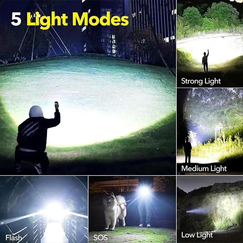 High Power LED Flashlight Rechargeable 5 Mode Aluminum Alloy Telescopic Zoom Torch Tactical Lamp for Outdoor Camping Fishing