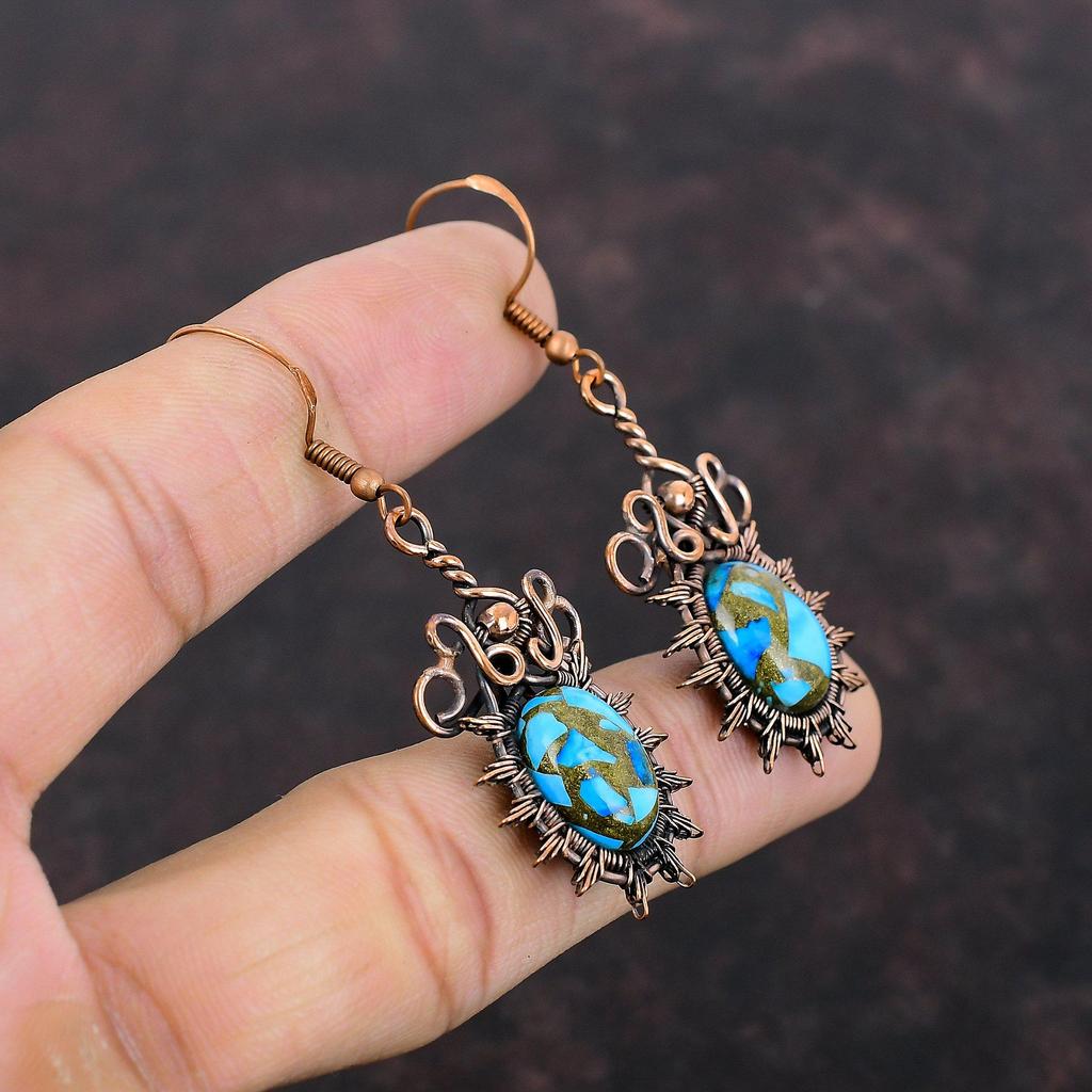 Медные синие бирюзовые серьги Серьги из медной проволоки Серьги из настоящего драгоценного камня Медные украшения Серьги ручной работы Ювелирные изделия из проволочной обмотки для подарка