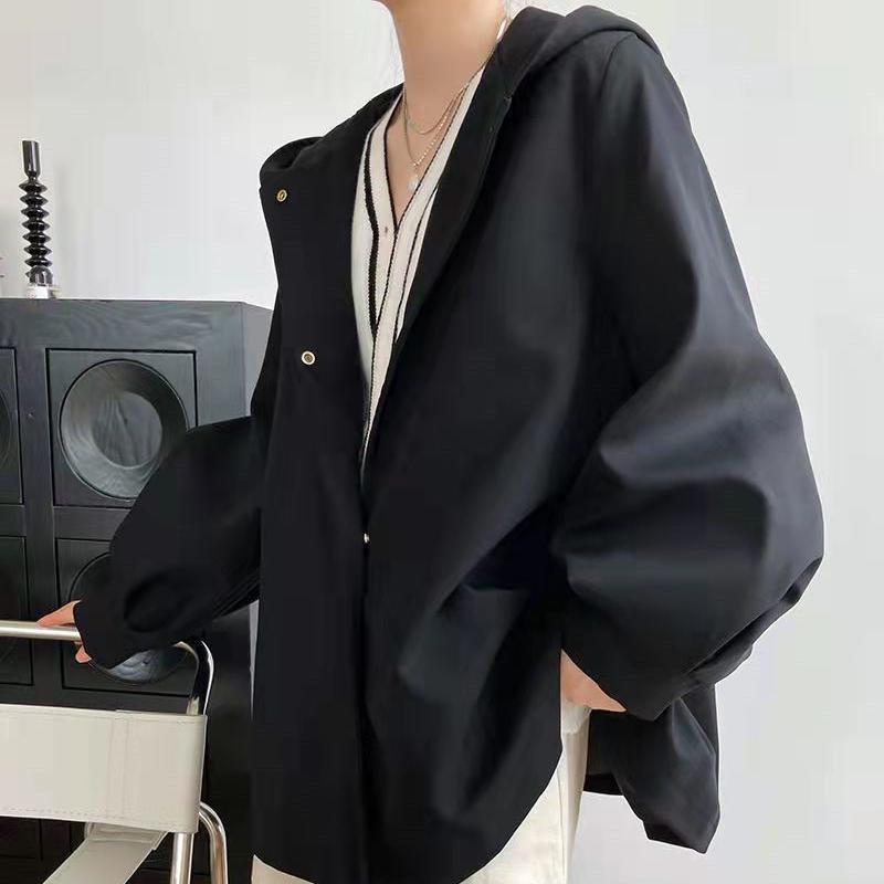 Autumn Korean Loose Trench Coat With Hooded Belt Black Woman Jackets Overcoat
