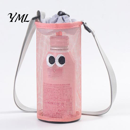 Outdoor Travel Bottle Accessory Mesh Drawstring Crossbody Cup Holder, Adjustable Strap Breathable Water Carrier Sling Bag, Cute Cartoon Pattern Pouch