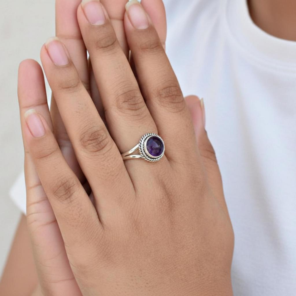 Amethyst 925 Sterling Silver Ring, Oval Purple Gemstone Rope Bezel Statement Ring, Handmade Jewelry