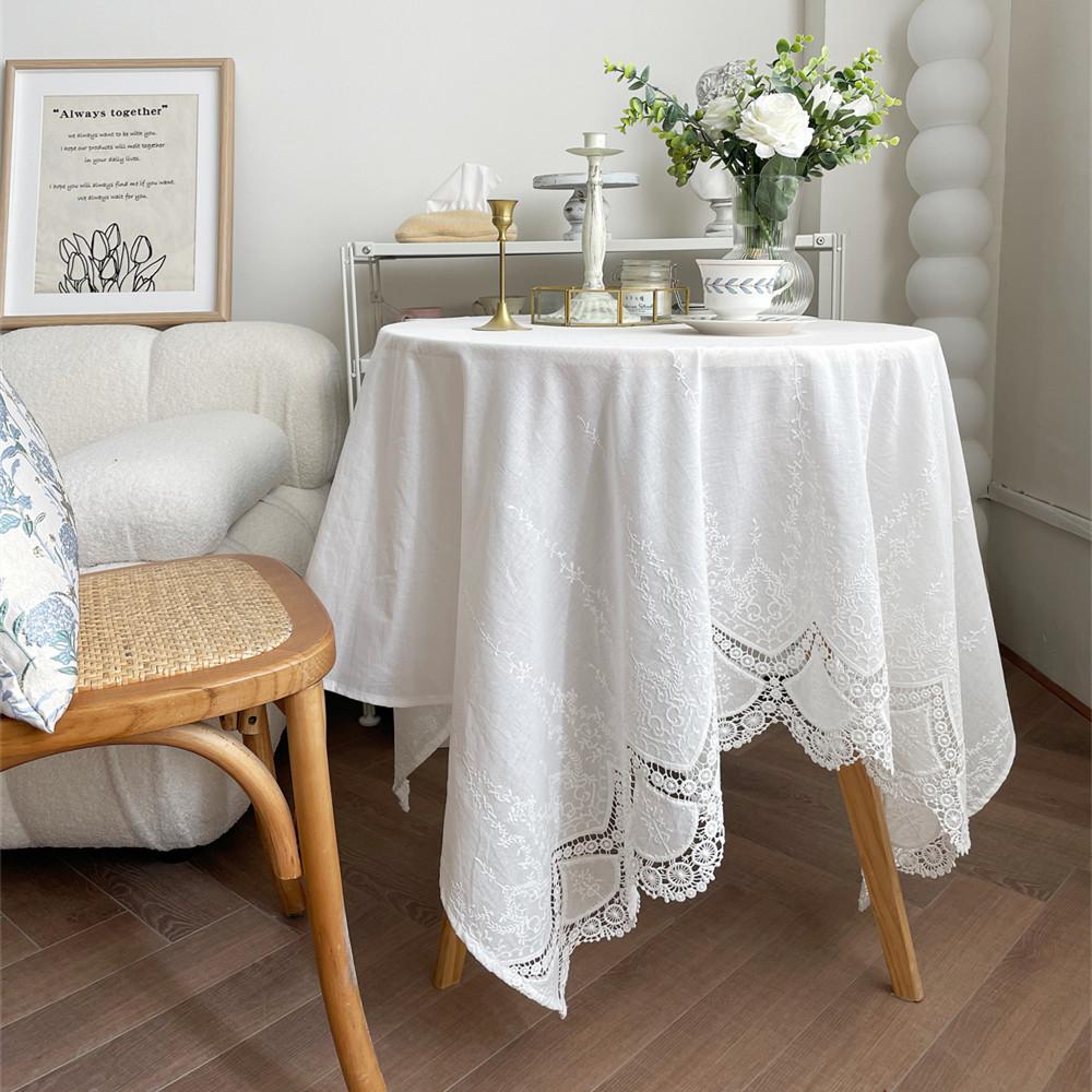 High Quality French Embroidery White Lace Flower Tablecloth For Wedding Party Decoration Cotton Cloth Luxurious Table Cover