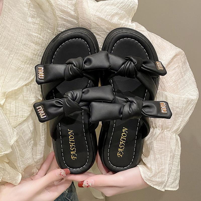 Fashion Bow Shaped Slippers for Women's Summer Outdoor Wear 2024 New Fairy Style Thick Sole Height Increasing One Line Cool Mop