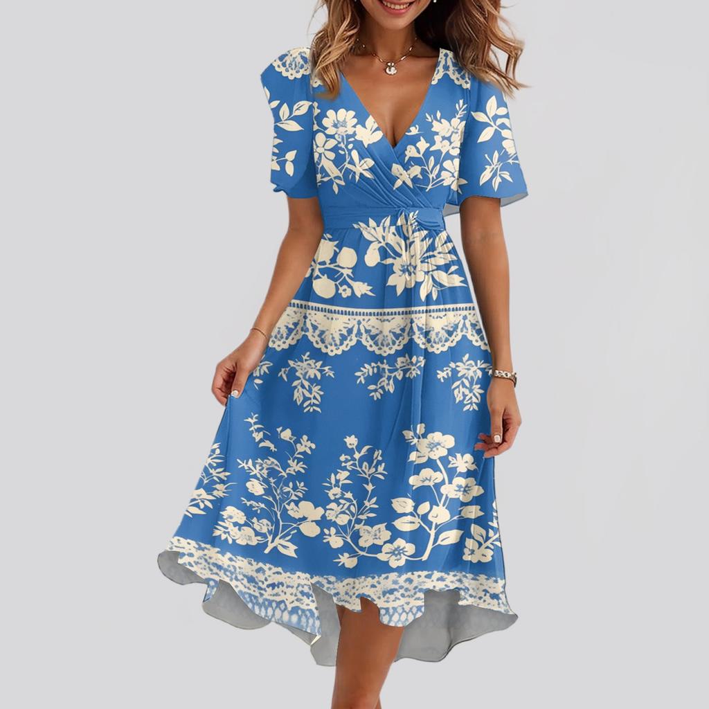 Women's Loose Casual V-Neck Flared Skirt Short Sleeved Printed Dress Printed Dress