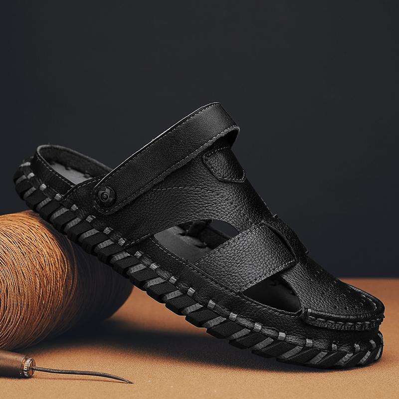 Men's Sandals Solid Black and Khaki Leather Men Summer Shoes Casual Comfortable Open Toe Sandals Soft Beach Footwear Male Shoes