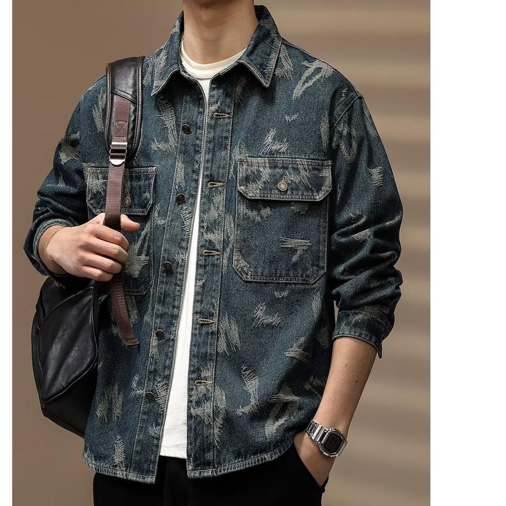 Premium Retro Printed Denim Shirt Men'S Tooling Jacket Loose Casual Trendy Shirt Jacket