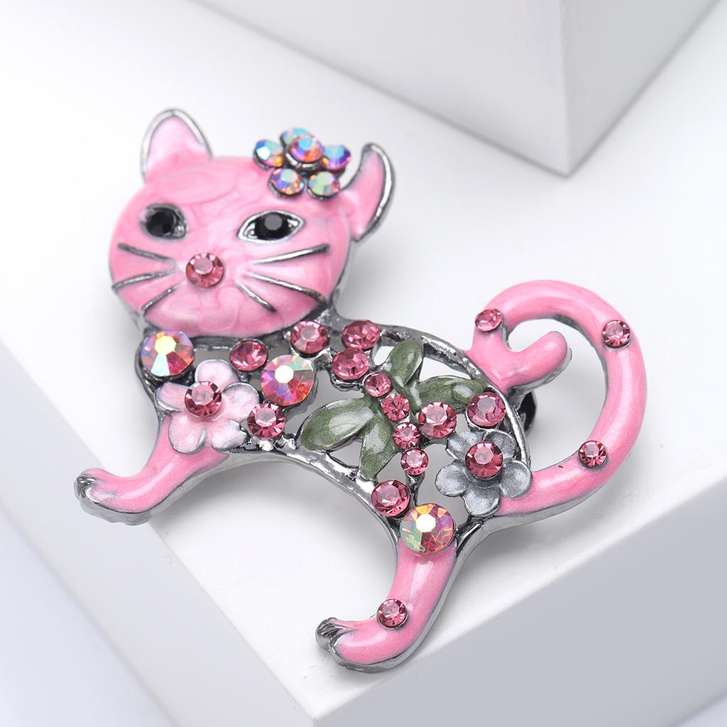 Lovely Enamel Cat Brooch Women Rhinestone Flower Animal Corsage Pins Gifts