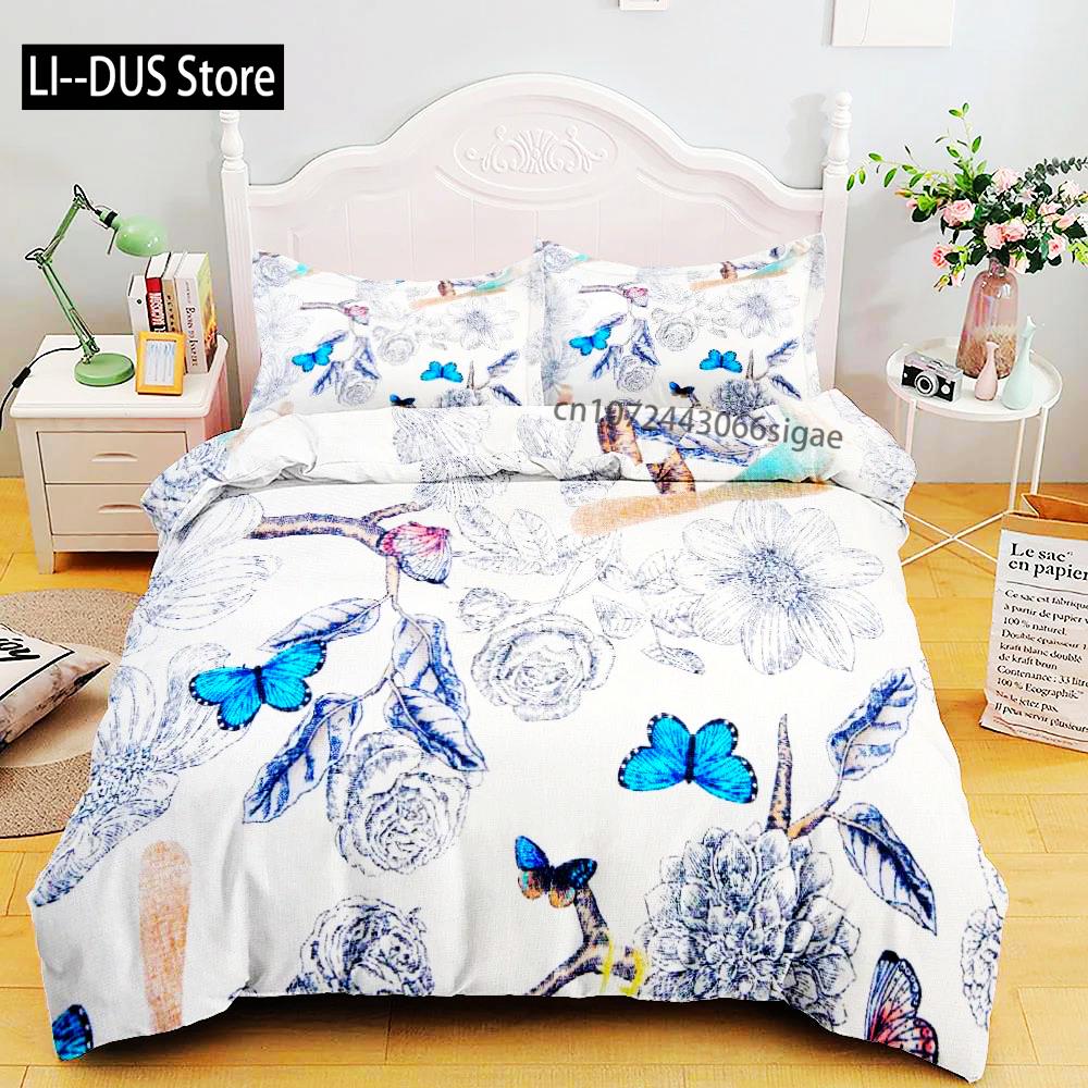 Набор постельного белья из стиранного хлопка с 3D-печатью, рисунок птицы и цветы, маленький односпальный, полуторный, двуспальный, королевский, суперкоролевский размер