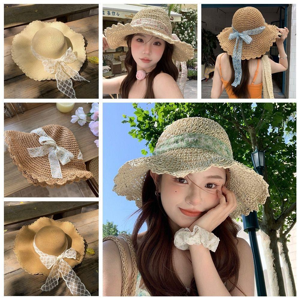 French Style Lace Straw Hat Spring Summer Women's Sun Hat Elegant Bow Ribbon Straw Hat  Outdoor