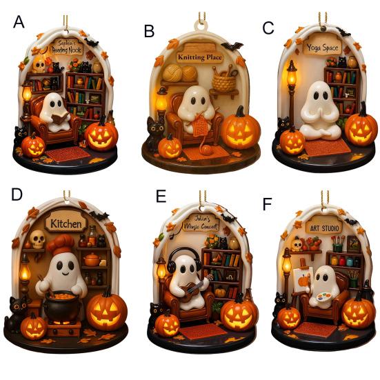 Halloween Ghost Ornament Acrylic Ghost-Themed Reading Cooking Painting Ornament Tree Hanging Decoration for Indoor Home Decor