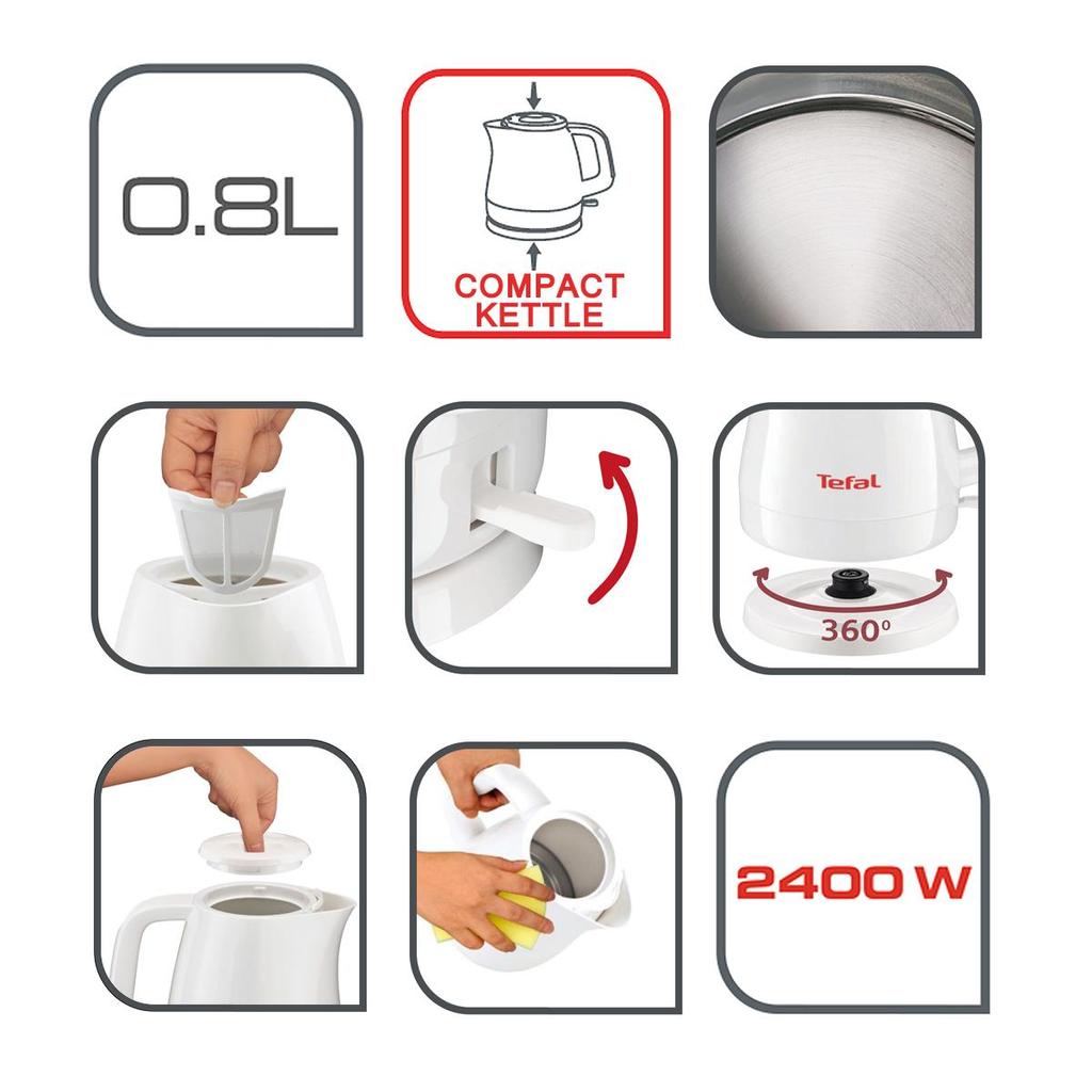 Tefal KO1531 Bright Compact Mini Electric Cordless Kettle (0.8L) 2400W White