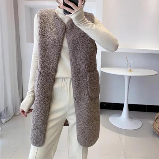 Fall Winter Women Vest Coat Round Neck Loose Mid Length Sleeveless Single-breasted Pockets Cardigan Warm Thick Outwear Waistcoat